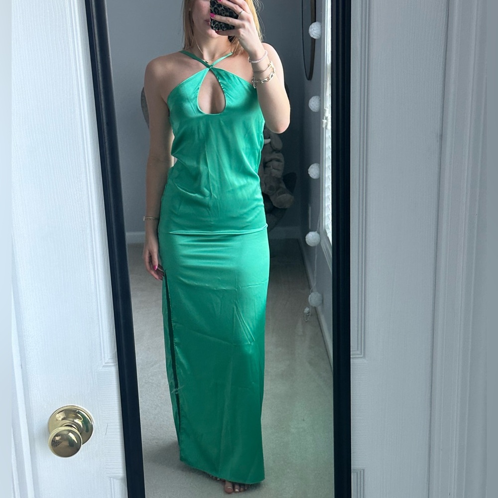 Baobab green satin cross neck slip dress open back size xs